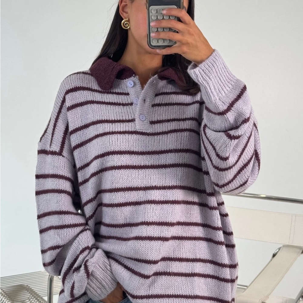 Lioness Lavender and Burgundy Striped Turtleneck Sweater